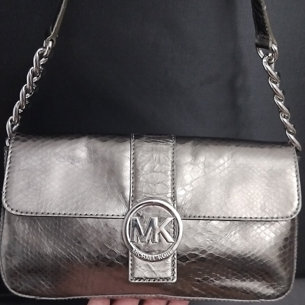 Michael Kors Metallic Gunmetal Python Embossed Fl… - image 1